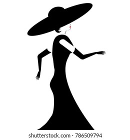 A stylish lady in black gown, gloves, and hat is featured in a minimalist fashion and beauty illustration.