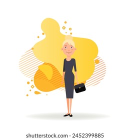Stylish lady with briefcase flat vector illustration. Young businesswoman in black dress and with hairstyle. Lifestyle, business success concept for web design, banner or landing page
