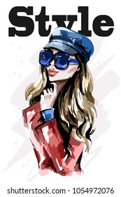 Stylish lady in cap. Hand drawn beautiful young woman in sunglasses. Fashion blond hair woman. Sketch.