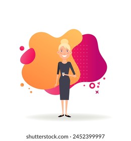 Stylish lady with coffee in disposable cup vector illustration. Young businesswoman in black dress and with hairstyle. Lifestyle, business success, coffee break concept for web design or landing page