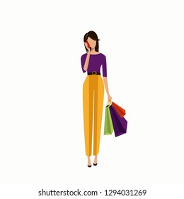 Stylish lady is going shopping and talking on the phone. Vector fashion illustration of a lifestyle blogger. Bright and attractive look. Happy beautiful woman carrying colorful shopping bags. 
