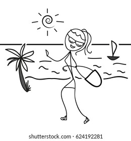 Stylish Lady with Handbag at the Seaside. Summer Tourism Concept. Sketch Silhouette Vector