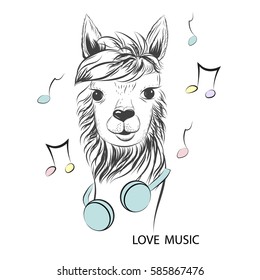 Stylish lama animal with headphones and music. Love Music - lettering quote. Greeting card design, Inspiration typography poster, t-shirt print, hand drawn style ink print. Vector Illustration.