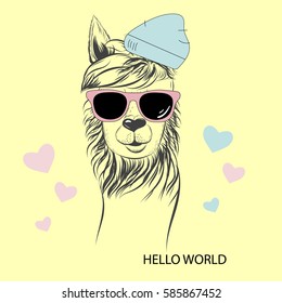 Stylish lama animal with hipster hat. Hello World - lettering quote. Greeting card design, Inspiration typography poster, t-shirt print, hand drawn style ink print. Vector Illustration.