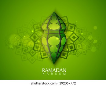 Stylish lamp or lantern design on floral decorated shiny green background, poster, banner or flyer design for holy month of muslim community Ramadan Kareem.