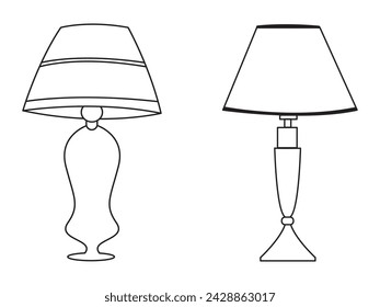 Stylish lamp, Modern lamp interior in bedroom, Electric table, floor lamps, lampshades, Different interior light decor standing and hanging.