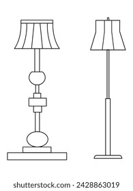 Stylish lamp, Modern lamp interior in bedroom, Electric table, floor lamps, lampshades, Different interior light decor standing and hanging.