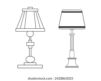 Stylish lamp, Modern lamp interior in bedroom, Electric table, floor lamps, lampshades, Different interior light decor standing and hanging.