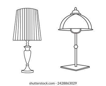 Stylish lamp, Modern lamp interior in bedroom, Electric table, floor lamps, lampshades, Different interior light decor standing and hanging.