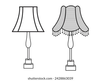 Stylish lamp, Modern lamp interior in bedroom, Electric table, floor lamps, lampshades, Different interior light decor standing and hanging.