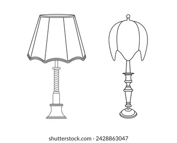 Stylish lamp, Modern lamp interior in bedroom, Electric table, floor lamps, lampshades, Different interior light decor standing and hanging.