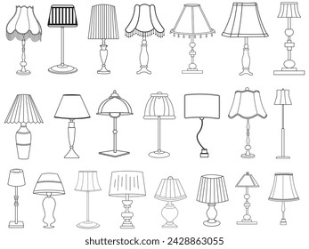 Stylish lamp, Modern lamp interior in bedroom, Electric table, floor lamps, lampshades, Different interior light decor standing and hanging.