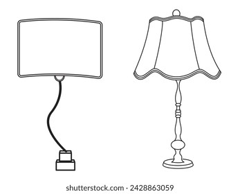 Stylish lamp, Modern lamp interior in bedroom, Electric table, floor lamps, lampshades, Different interior light decor standing and hanging.