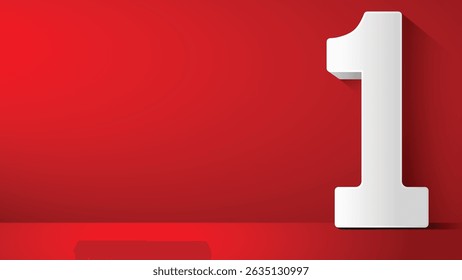 A Stylish large 3D or theee dimensional white number 1 stands in the corner Isolate on bold Red Backgrounds a innovative numerical graphic template