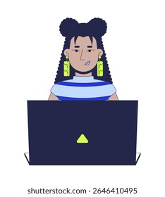 Stylish latina woman with long earrings typing laptop 2D cartoon character. Web designer. Confident hispanic female developer coding flat vector person isolated on white. Spot illustration colorful
