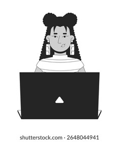 Stylish latina woman with long earrings typing laptop 2D line character. Web designer. Confident hispanic female developer coding isolated vector ink outline person. Monochromatic spot illustration
