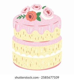 A stylish layered cake illustration in pink, with frosting and decorative flowers. Perfect for bakery branding and wedding designs.