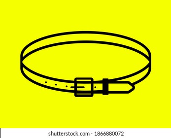 Stylish leather belt icon. Black accessory with elegant buckle and fastening holes on yellow background. Modern trendy garment decoration with waist and dog neck vector.