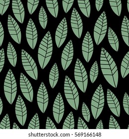 Stylish leaves on black background. Seamless pattern. Hand drawn vector illustration. Nature Wrapping paper. 