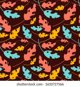 Stylish leaves seamless pattern on a dark background. Vector flat style illustration.