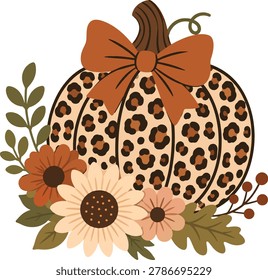 Stylish leopard print pumpkin with bow, flowers, and autumn leaves in warm seasonal colors. Ideal for trendy fall decorations, printable graphics, and fashionable seasonal artwork.