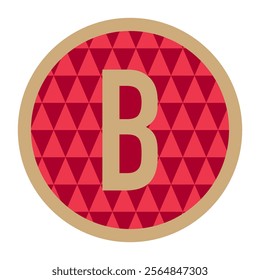 Stylish letter B in a circular frame with gold edges and a green triangle-patterned background. A versatile design for use in branding, digital artwork, or creative projects.