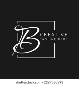 Stylish Letter B White Signature Logo Design Template with Square Background