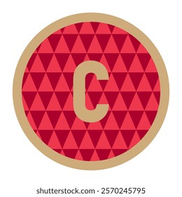 Stylish letter c icon framed with golden accents, set on a red geometric triangle background for a sophisticated and professional design.