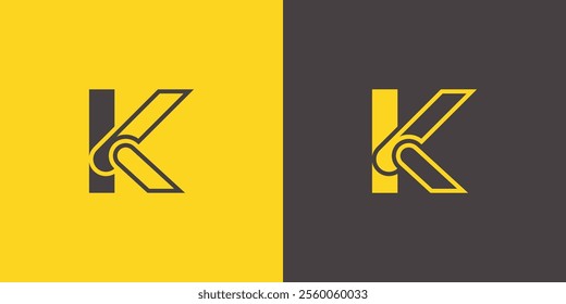 Stylish letter K logo design with geometric shapes in contrasting yellow and black background, ideal for tech or business branding.