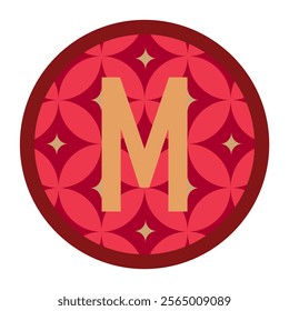 Stylish Letter M emblem featuring a red and gold floral geometric motif. Perfect for high-end branding, decorative projects, or creative visual designs requiring a bold and luxurious touch