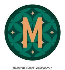 Stylish letter M monogram set in a circular design with star-like accents and geometric floral motifs. A versatile graphic for logos, branding, or modern artwork that demands a bold yet elegant 