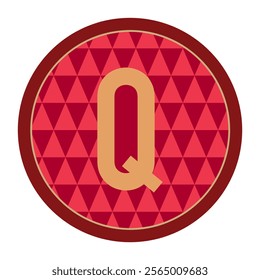 Stylish letter Q with a deep red circular border and bold triangle motifs. A striking vector design suitable for branding, logos, and graphic projects with a modern flair