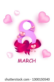 Stylish lettering of 8 march with glossy ribbon and tiny heart shapes illustration for Women's Day celebration greeting card design.