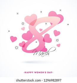 Stylish lettering of 8 march with tiny heart illustration on white background for Women's Day celebration greeting card design.