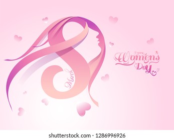 Stylish lettering of 8 march with woman face illustration on glossy pink background for Women's Day poster or banner design.