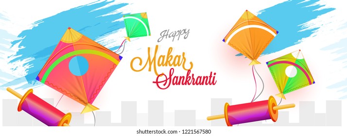 Stylish lettering of Happy Makar Sankranti with colorful kites and spool on abstract background. Website banner or header design.