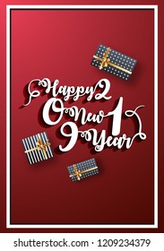 Stylish lettering of Happy New Year with gift boxes on glossy red background can be used as greeting card design.