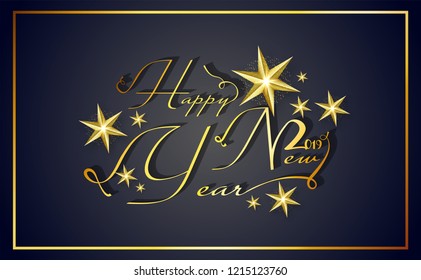 Grabado elegante de Feliz Año Nuevo en color dorado con estrellas decorativas sobre un brillante fondo negro. Se puede usar como diseño de tarjetas de felicitación.