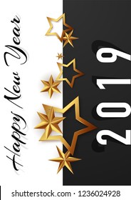 Stylish lettering of Happy New Year 2019 with golden stars on b&w background for celebration concept.