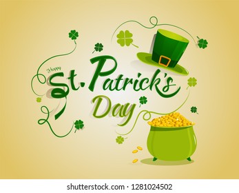 Stylish lettering of Happy St. Patrick's Day with traditional coin pot and leprechaun hat illustration.