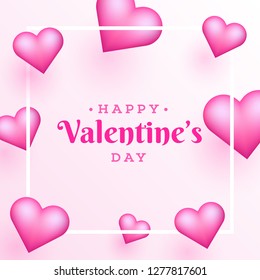 Stylish lettering of happy valentine's day on pink background decorated with glossy heart shapes. Can be used as greeting card design.