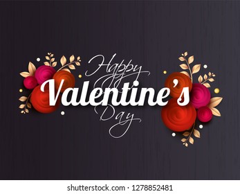 Stylish lettering of happy valentine's day on black background decortaed with creative flowers.