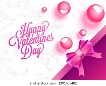 Stylish lettering of Happy Valentine's Day with glossy pearls on white texture background.