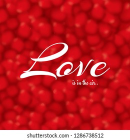 Stylish lettering of love is in the air on red blurred background for Valentine's Day greeting card design. 