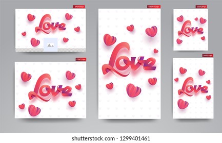 Stylish lettering of love with paper origami of heart shapes on white background for Valentine's Day header and poster set.