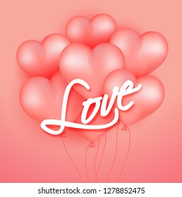 Stylish lettering of love with realistic heart shape balloons decorated on pink background. Valentine's Day greeting card design.