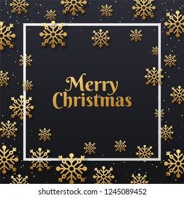 Stylish lettering of Merry Christmas on black background decorated with glossy golden snowflakes.