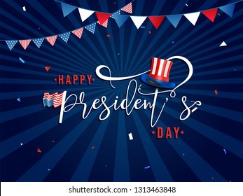 Stylish lettering of president's day with uncle sam hat illustration on blue ray background decorated with party flags.