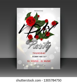 Stylish lettering of valentine's day decorated with rose flowers on white bokeh background. Music or dance party flyer design.