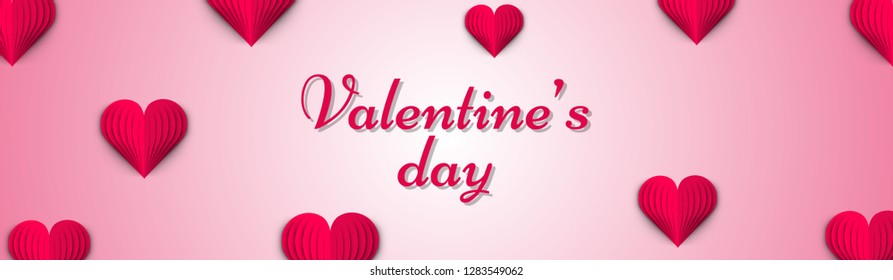 Stylish lettering of valentine's day on glossy pink background decorated with paper origami of hearts. Header or banner design.